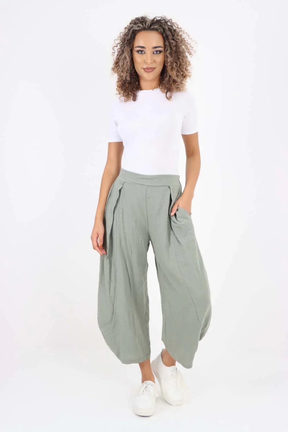 Khaki Italian Plain Layered 3/4 Linen Jogger For Women 12 - Dropwear