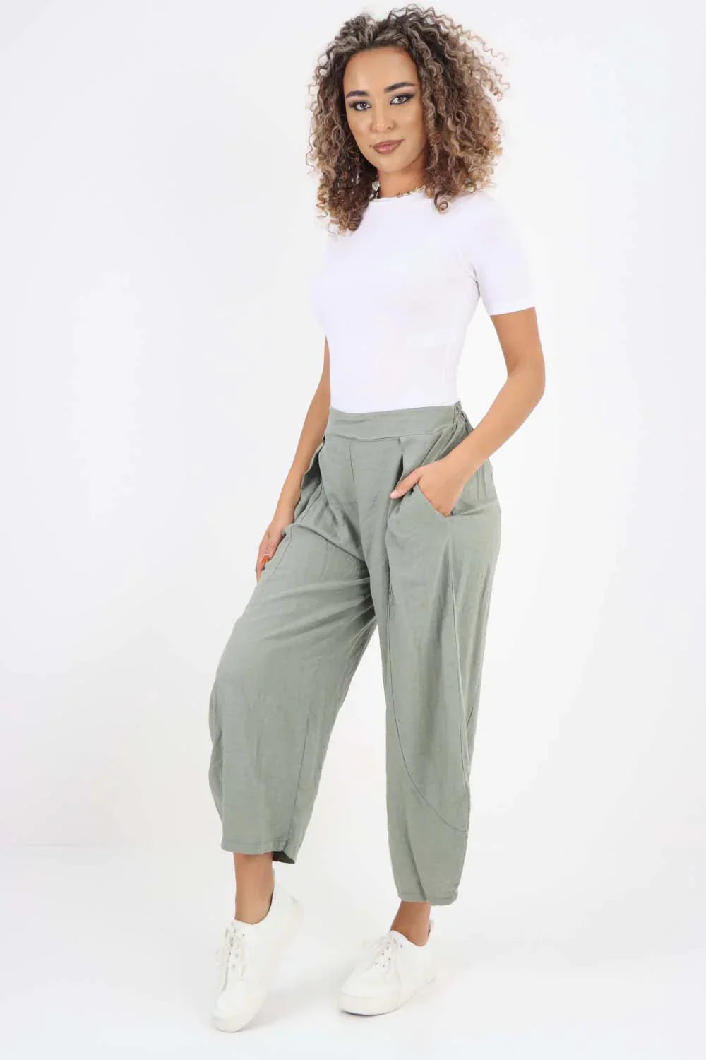 Khaki Italian Plain Layered 3/4 Linen Jogger For Women 14 - Dropwear