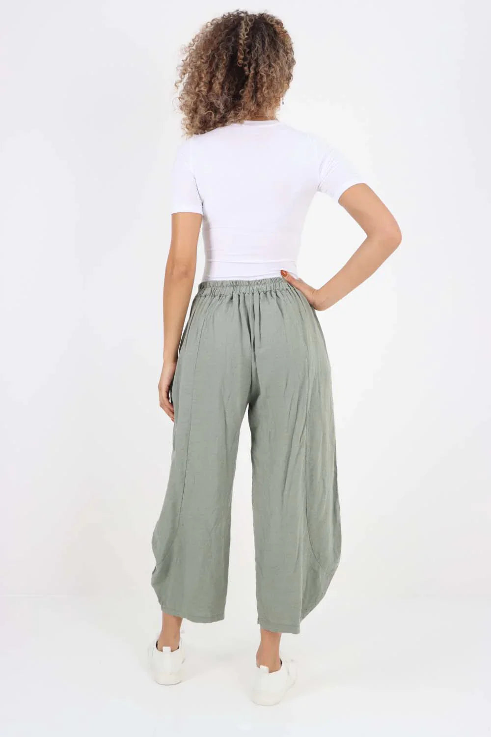 Khaki Italian Plain Layered 3/4 Linen Jogger For Women 16 - Dropwear