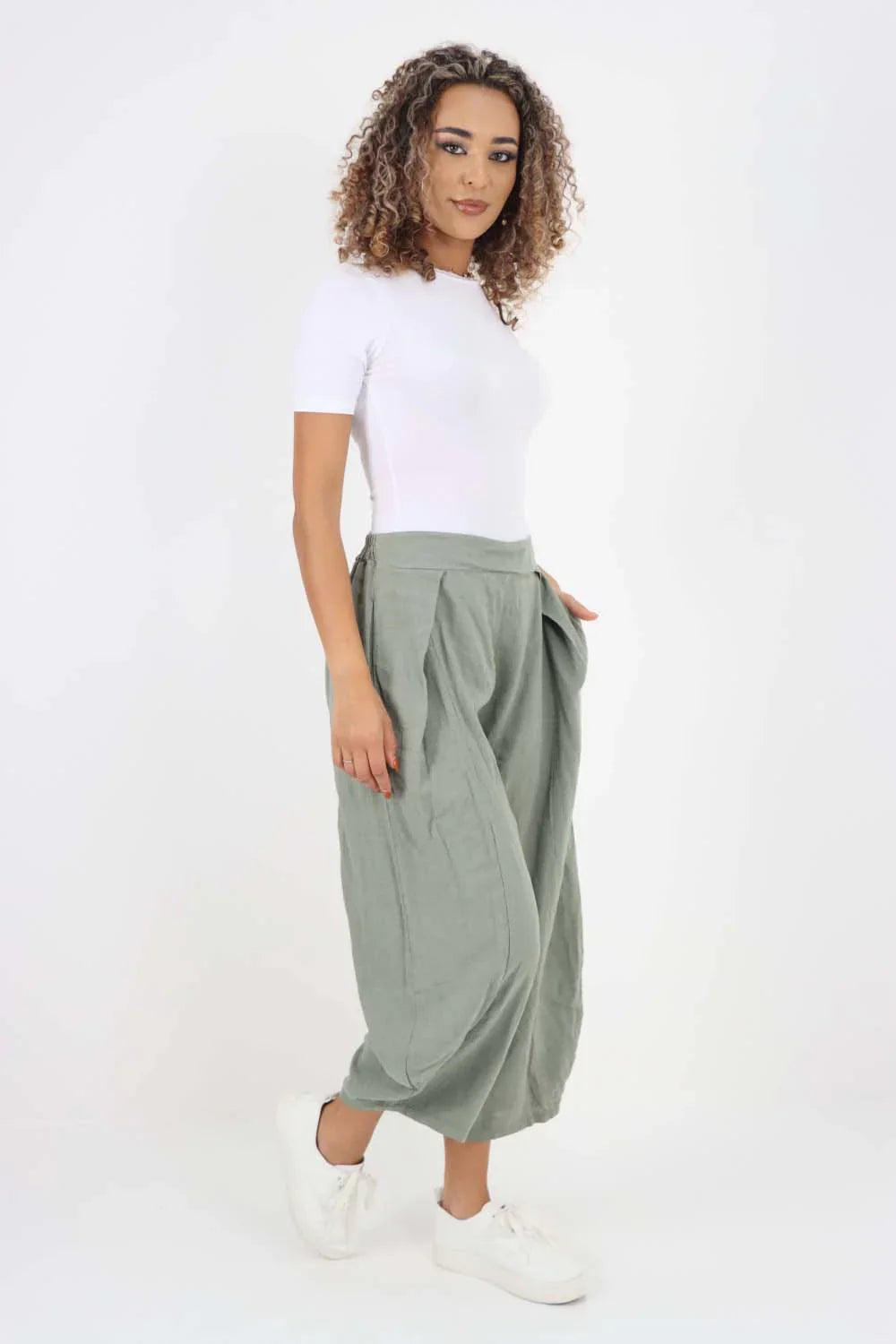 Light Denim Italian Plain Layered 3/4 Linen Jogger For Women 8 - Dropwear