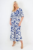 Royal Blue italian shirred elasticated waist animal print short sleeve jumpsuit For Women ONE SIZE TO FIT UK 8-18 - Dropwear