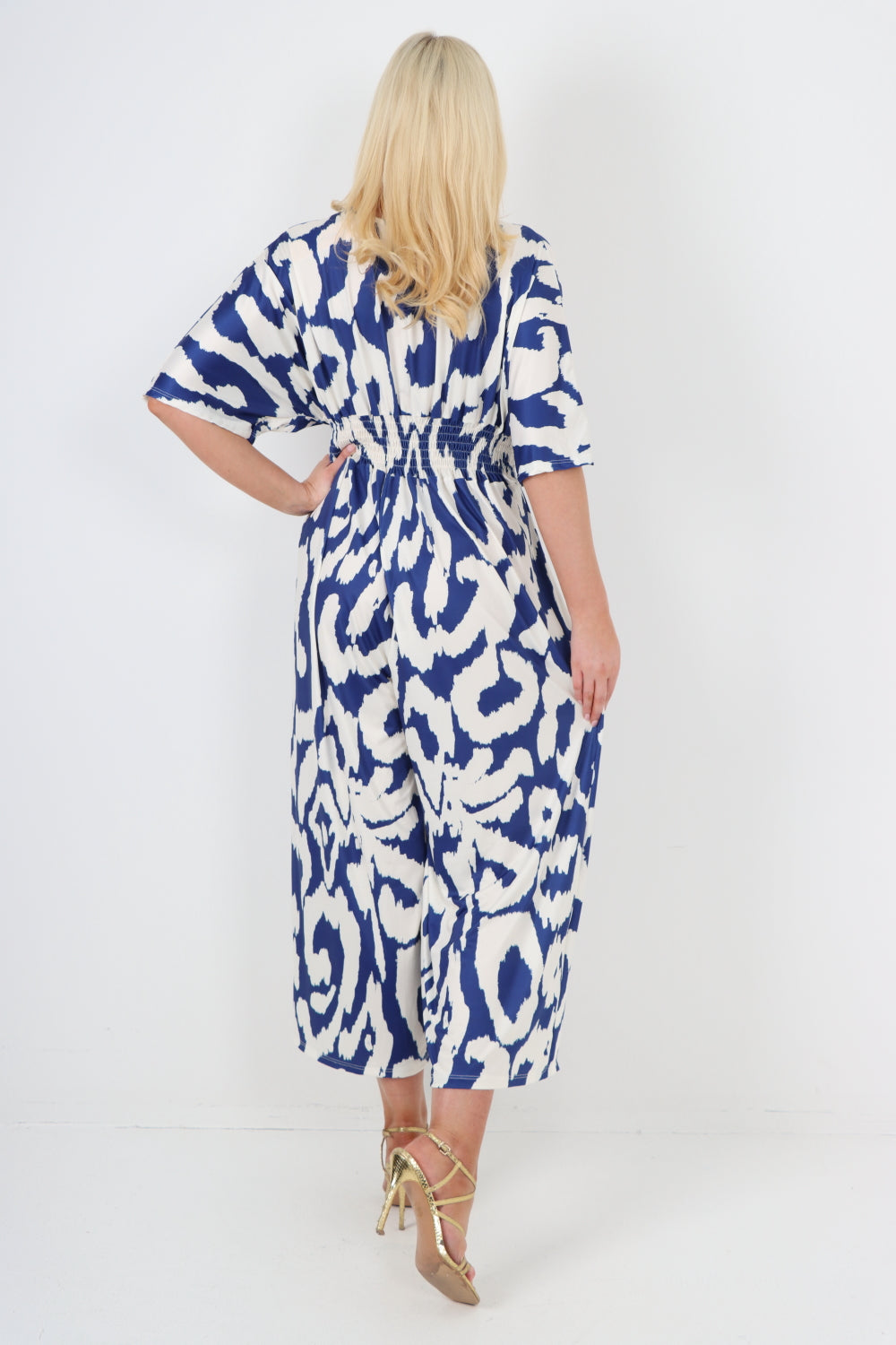 italian shirred elasticated waist animal print short sleeve jumpsuit For Women  - Dropwear
