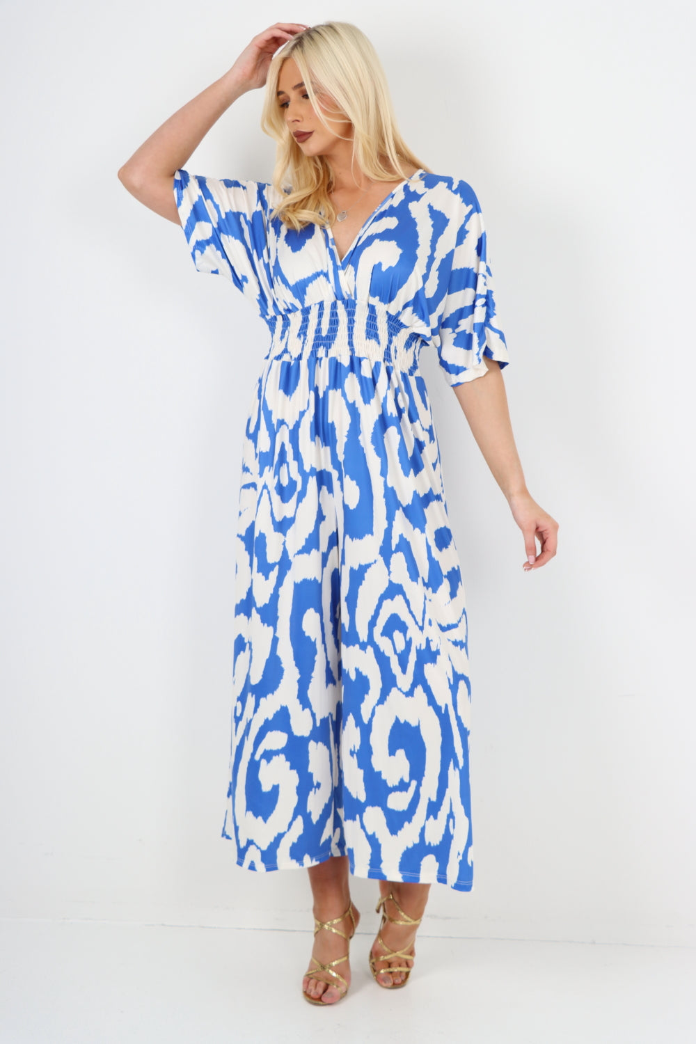 italian shirred elasticated waist animal print short sleeve jumpsuit For Women  - Dropwear