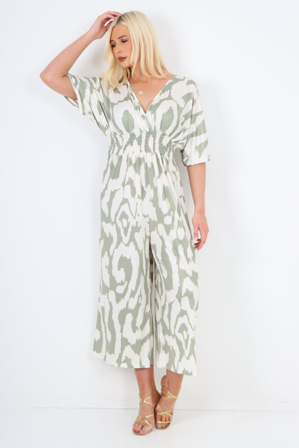 italian shirred elasticated waist animal print short sleeve jumpsuit For Women  - Dropwear
