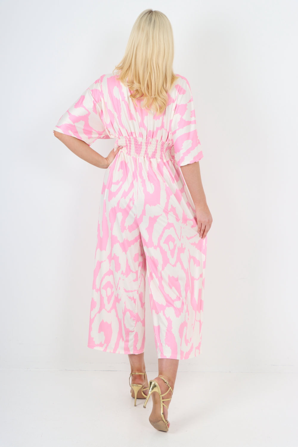 Ocean italian shirred elasticated waist animal print short sleeve jumpsuit For Women ONE SIZE TO FIT UK 8-18 - Dropwear