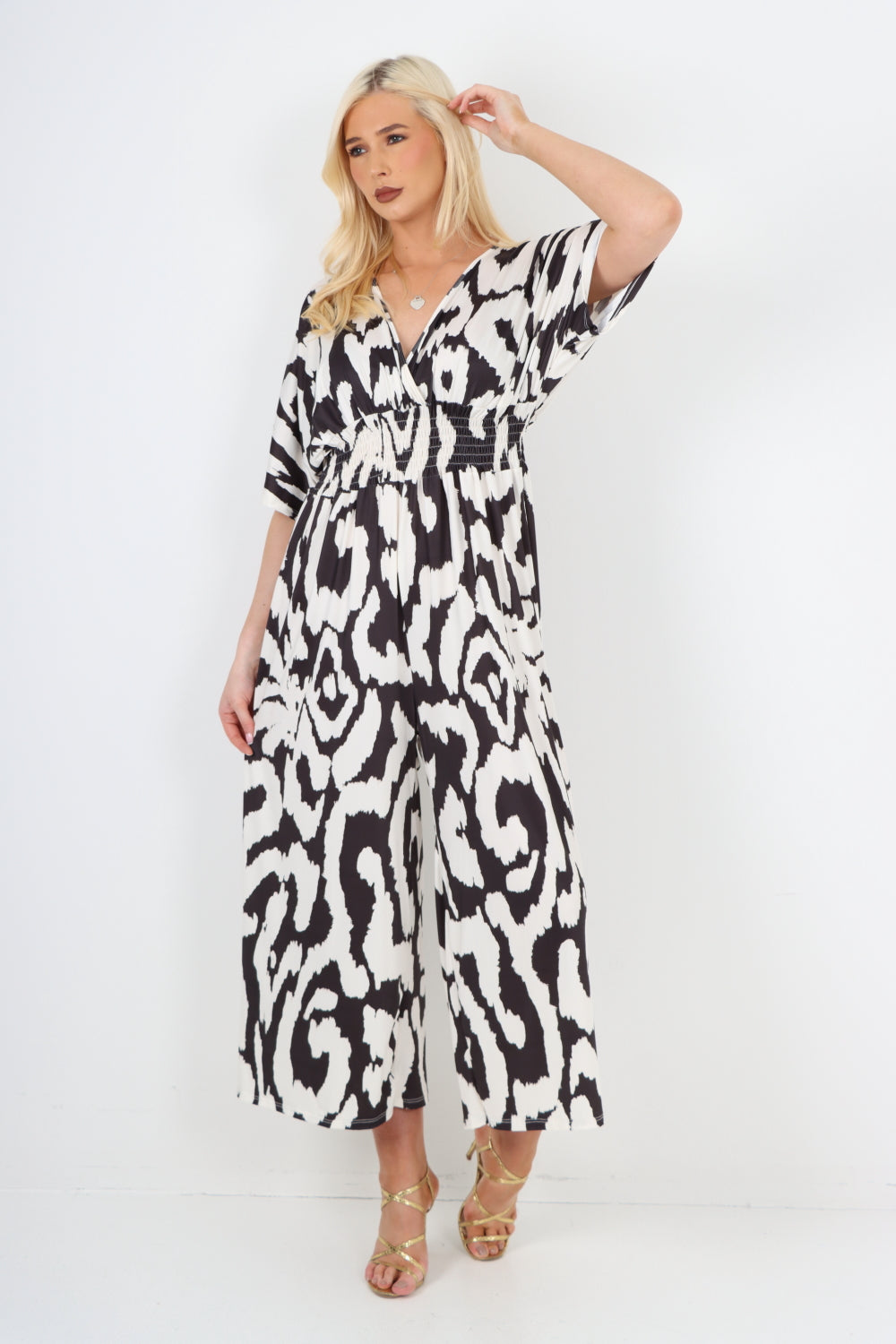 italian shirred elasticated waist animal print short sleeve jumpsuit For Women  - Dropwear