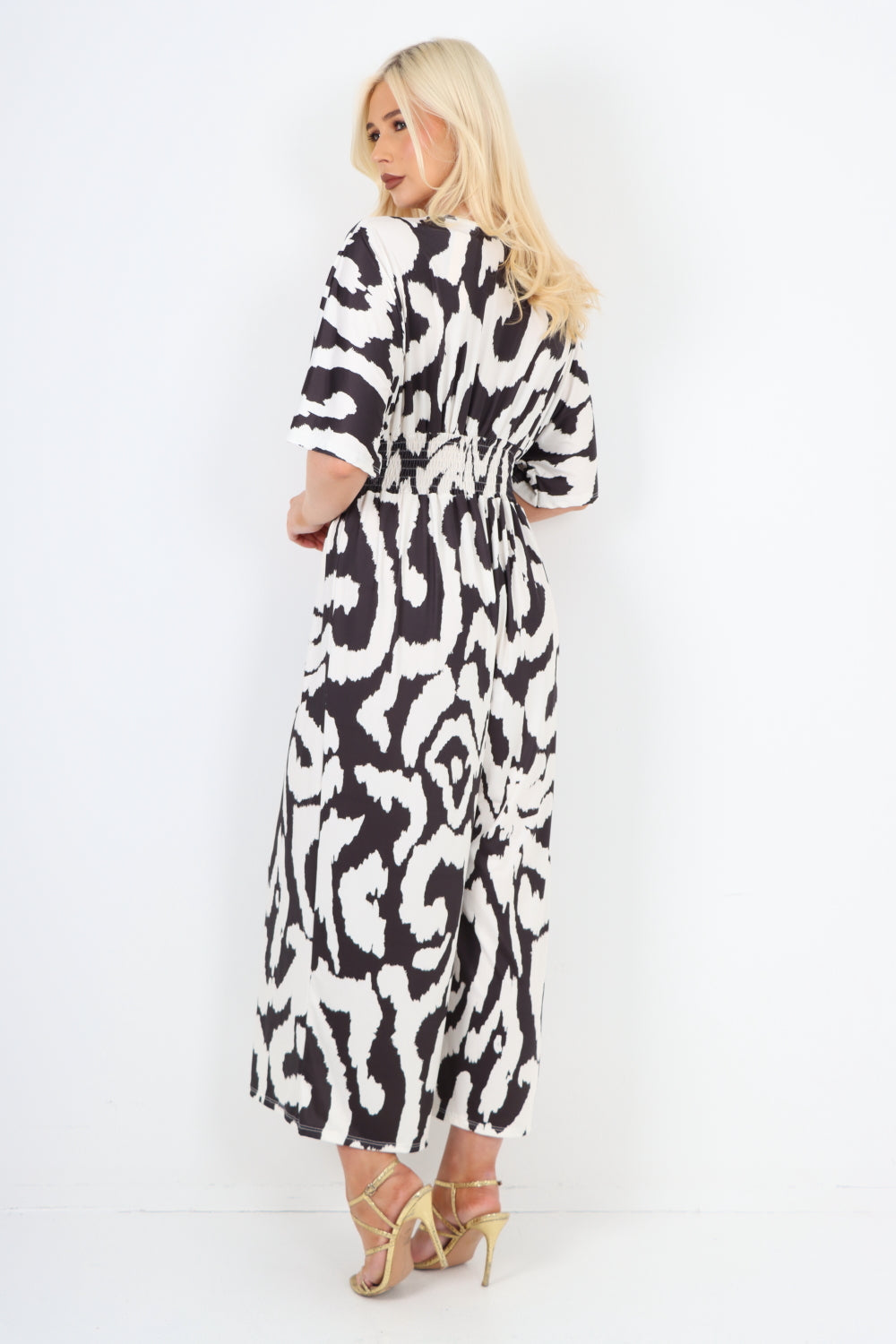 italian shirred elasticated waist animal print short sleeve jumpsuit For Women  - Dropwear
