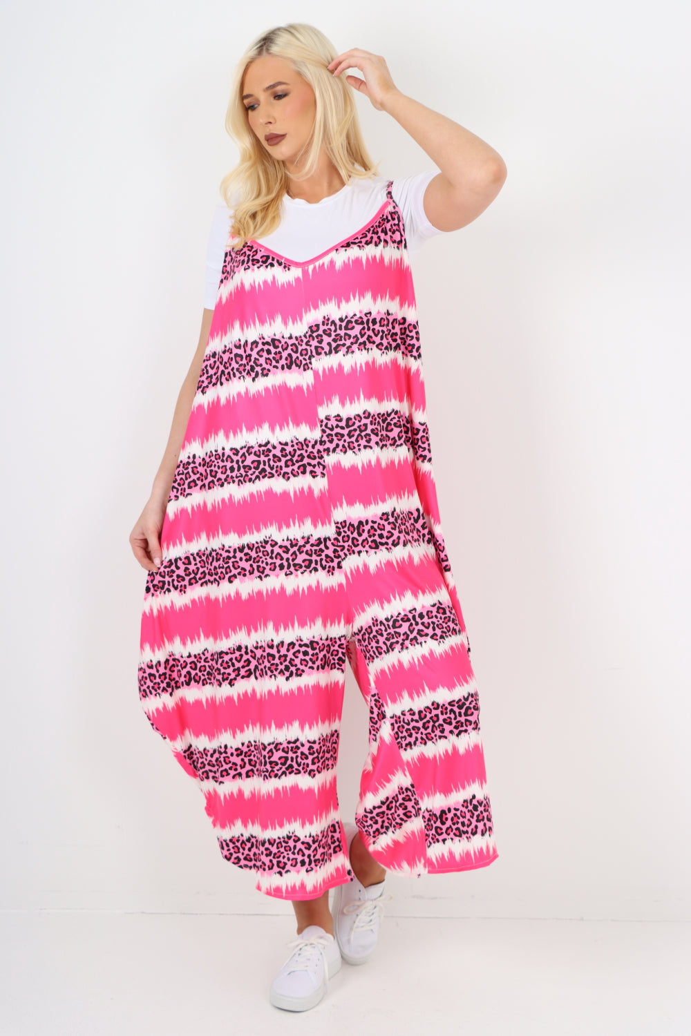 italian animal print deep v neck jumpsuit For Women  - Dropwear