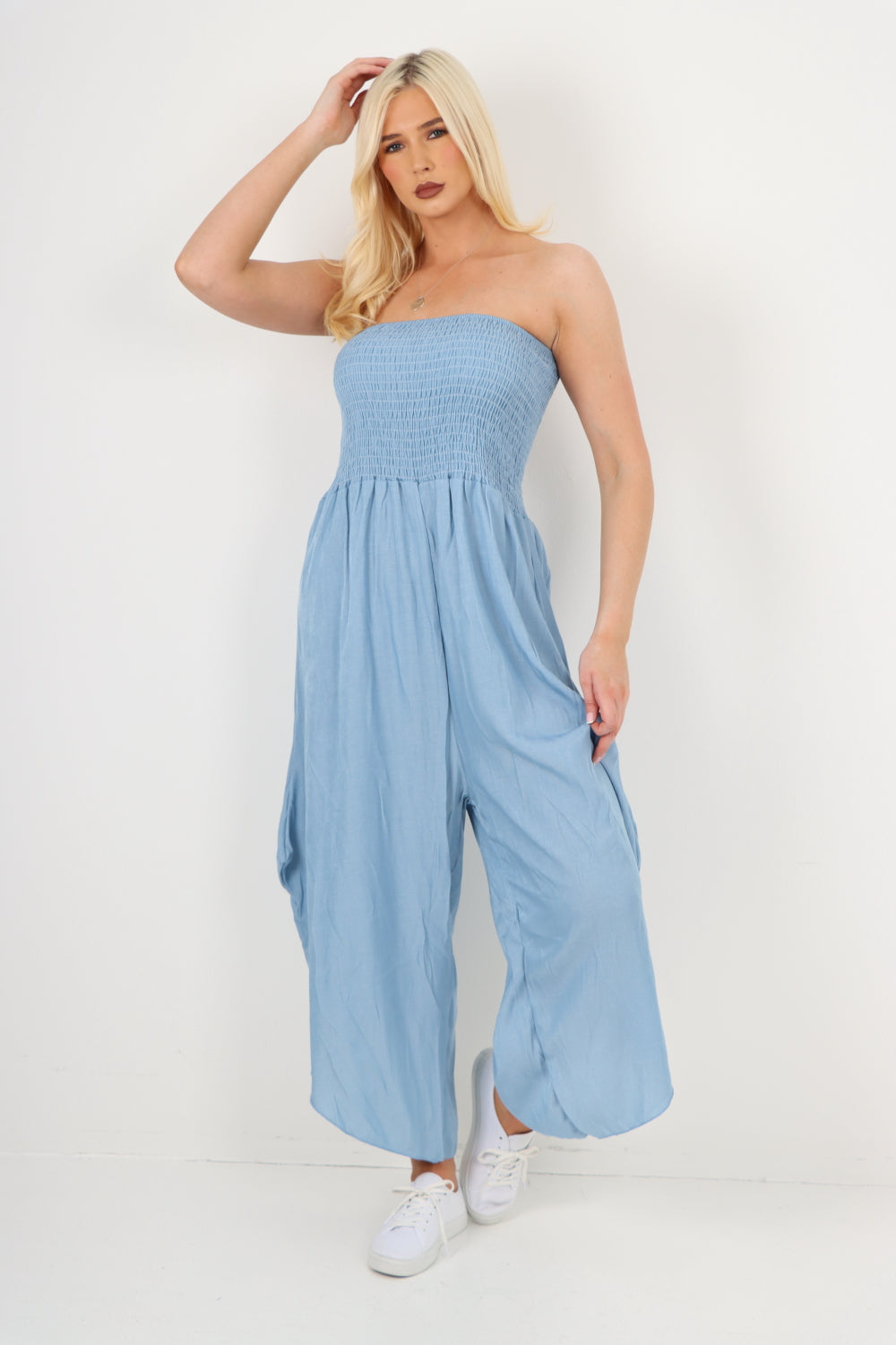 italian denim look ruched detail jumpsuit For Women  - Dropwear