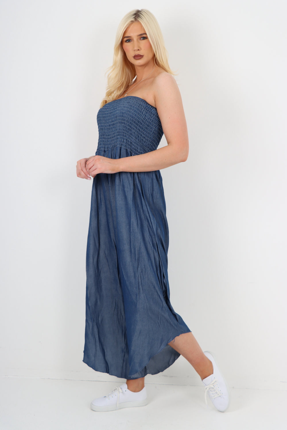 Light Denim italian denim look ruched detail jumpsuit For Women ONE SIZE TO FIT UK 8-16 - Dropwear