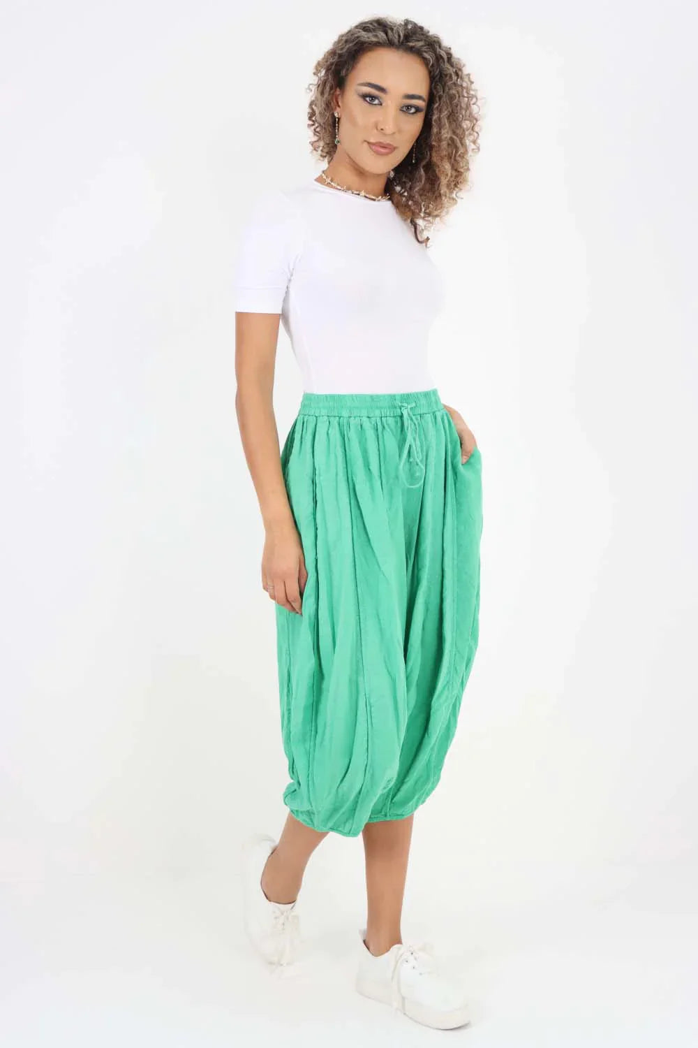 Khaki Italian Panelled 3/4 Length Linen Joggers For Women 20 - Dropwear