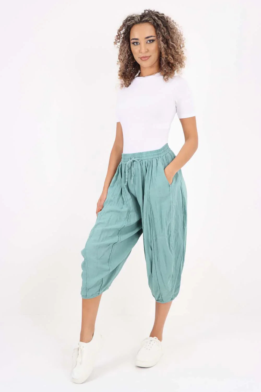 White Italian Panelled 3/4 Length Linen Joggers For Women 14 - Dropwear
