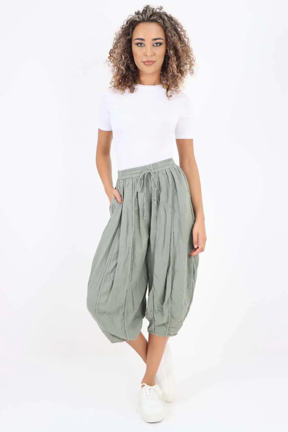 Light Denim Italian Panelled 3/4 Length Linen Joggers For Women 16 - Dropwear
