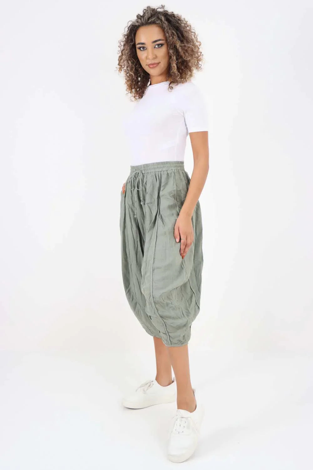 Light Denim Italian Panelled 3/4 Length Linen Joggers For Women 18 - Dropwear
