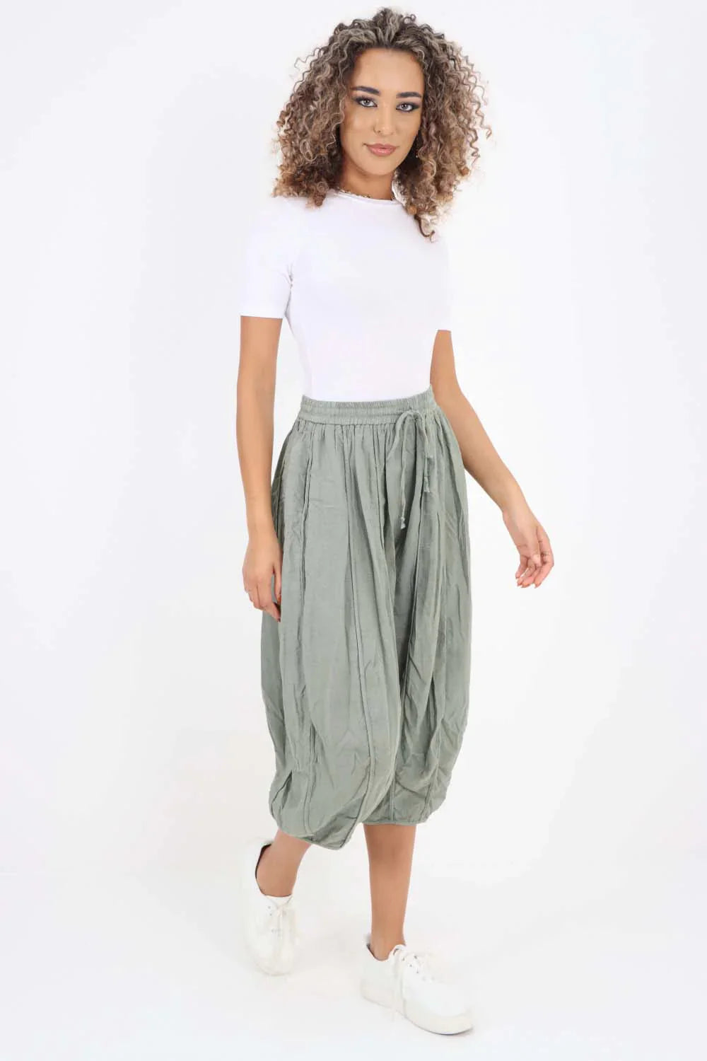 Light Denim Italian Panelled 3/4 Length Linen Joggers For Women 20 - Dropwear