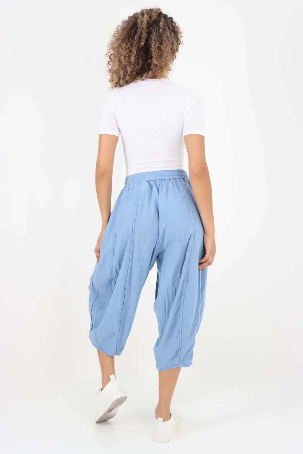 Sea Green Italian Panelled 3/4 Length Linen Joggers For Women 12 - Dropwear