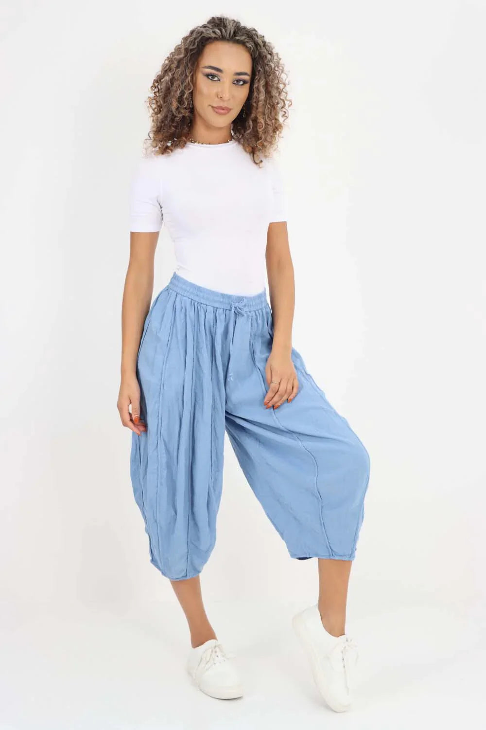 Sea Green Italian Panelled 3/4 Length Linen Joggers For Women 14 - Dropwear