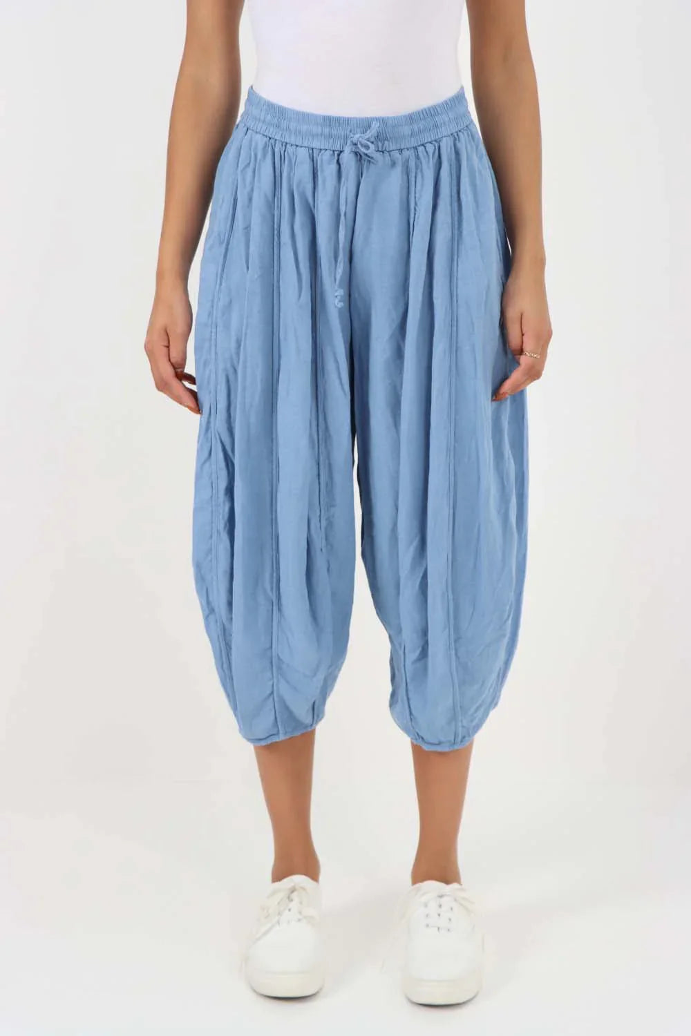 Sea Green Italian Panelled 3/4 Length Linen Joggers For Women 16 - Dropwear
