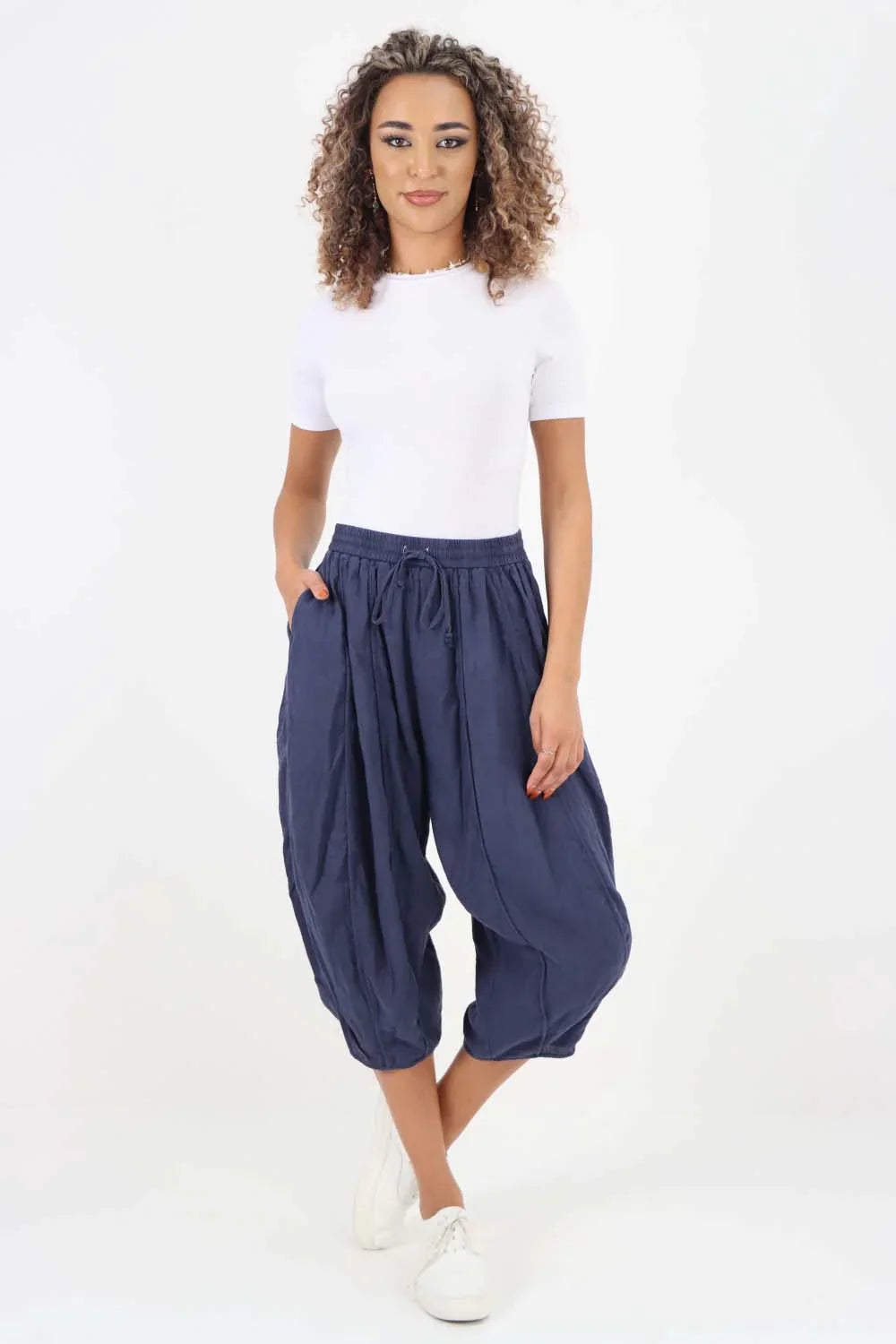 D Denim Italian Panelled 3/4 Length Linen Joggers For Women 16 - Dropwear