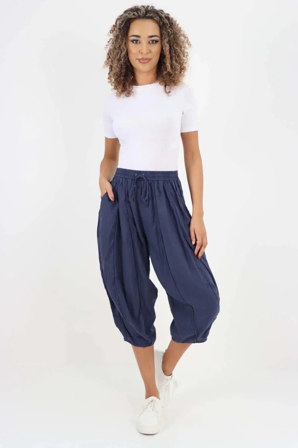 D Denim Italian Panelled 3/4 Length Linen Joggers For Women 18 - Dropwear