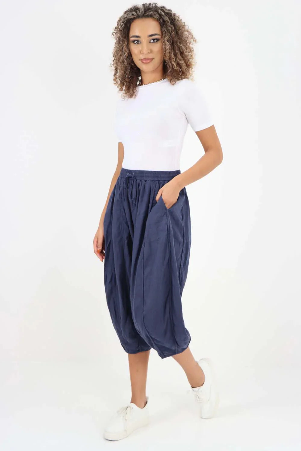 D Denim Italian Panelled 3/4 Length Linen Joggers For Women 20 - Dropwear