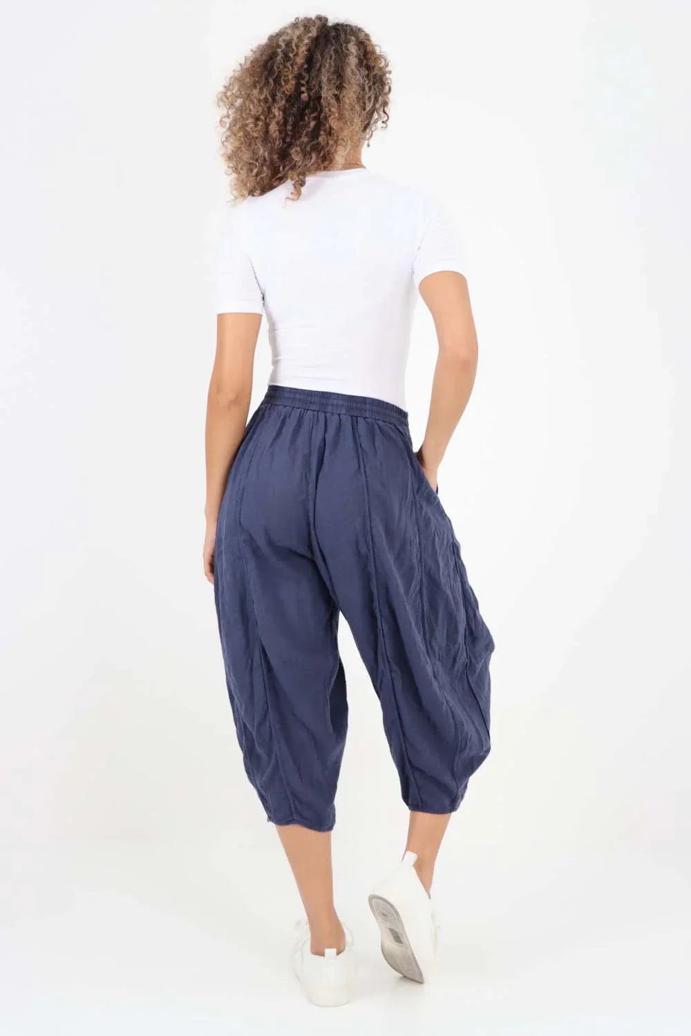 Grey Italian Panelled 3/4 Length Linen Joggers For Women 12 - Dropwear