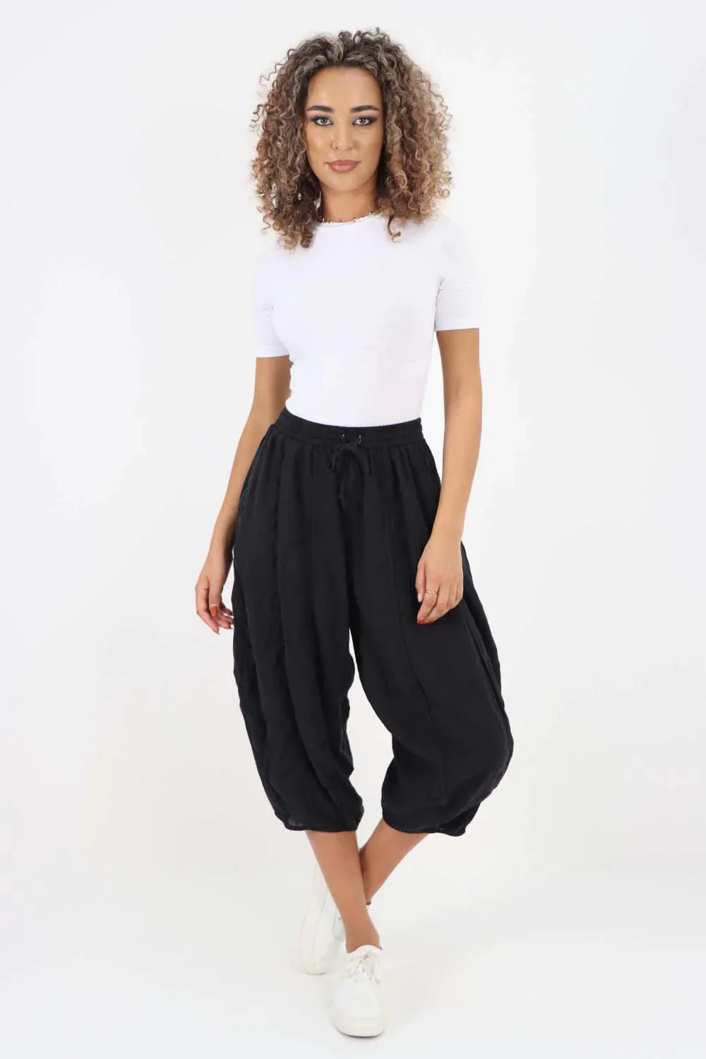 Black Italian Panelled 3/4 Length Linen Joggers For Women 14 - Dropwear