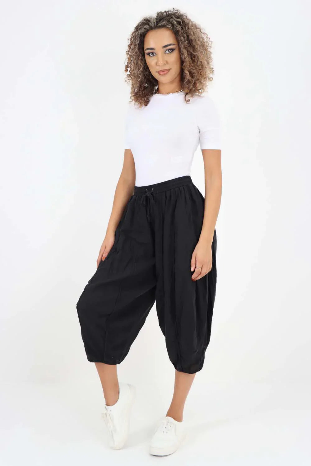 Black Italian Panelled 3/4 Length Linen Joggers For Women 16 - Dropwear