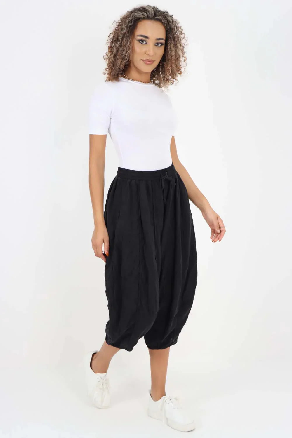 Black Italian Panelled 3/4 Length Linen Joggers For Women 20 - Dropwear