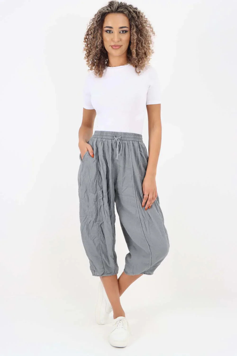 Grey Italian Panelled 3/4 Length Linen Joggers For Women 20 - Dropwear