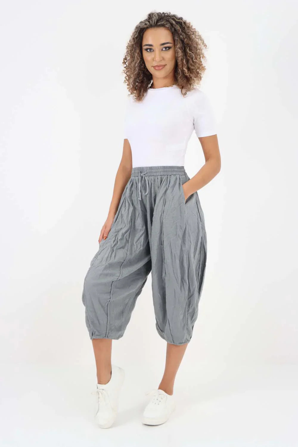 Jade Green Italian Panelled 3/4 Length Linen Joggers For Women 12 - Dropwear