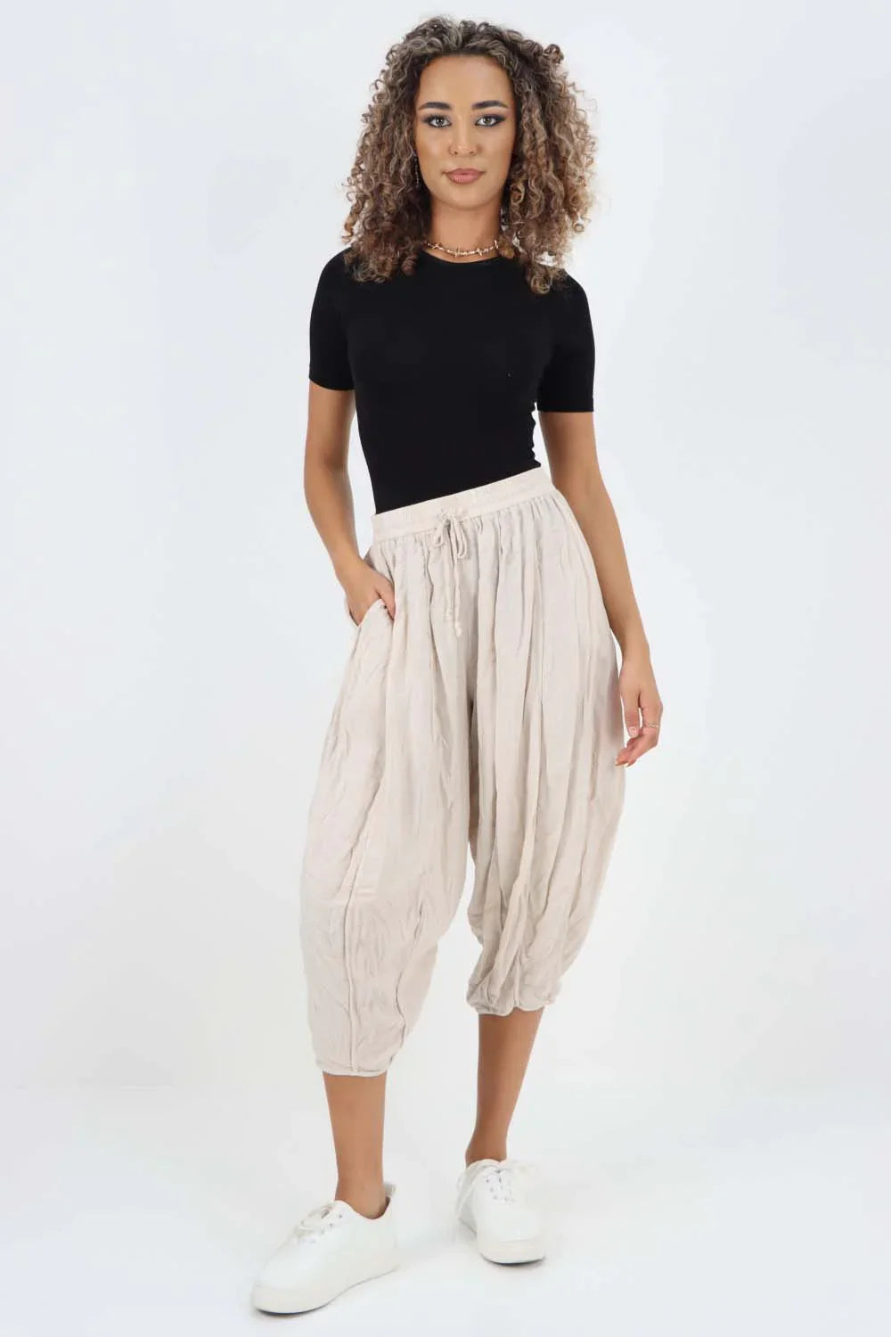 Sea Green Italian Panelled 3/4 Length Linen Joggers For Women 20 - Dropwear