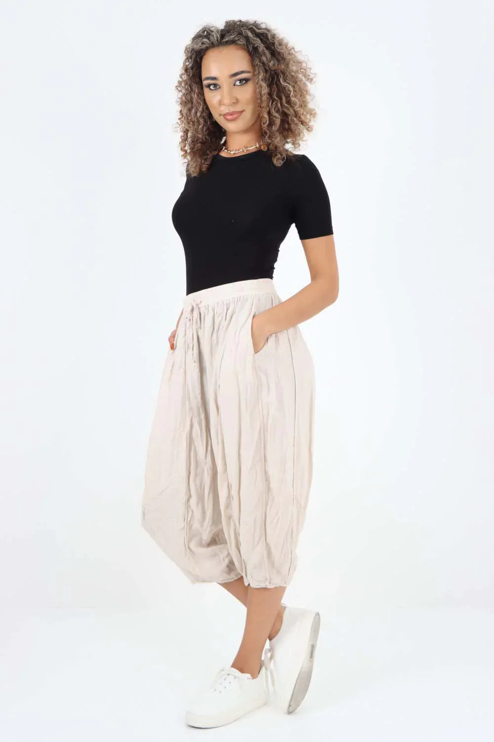 Stone Italian Panelled 3/4 Length Linen Joggers For Women 12 - Dropwear