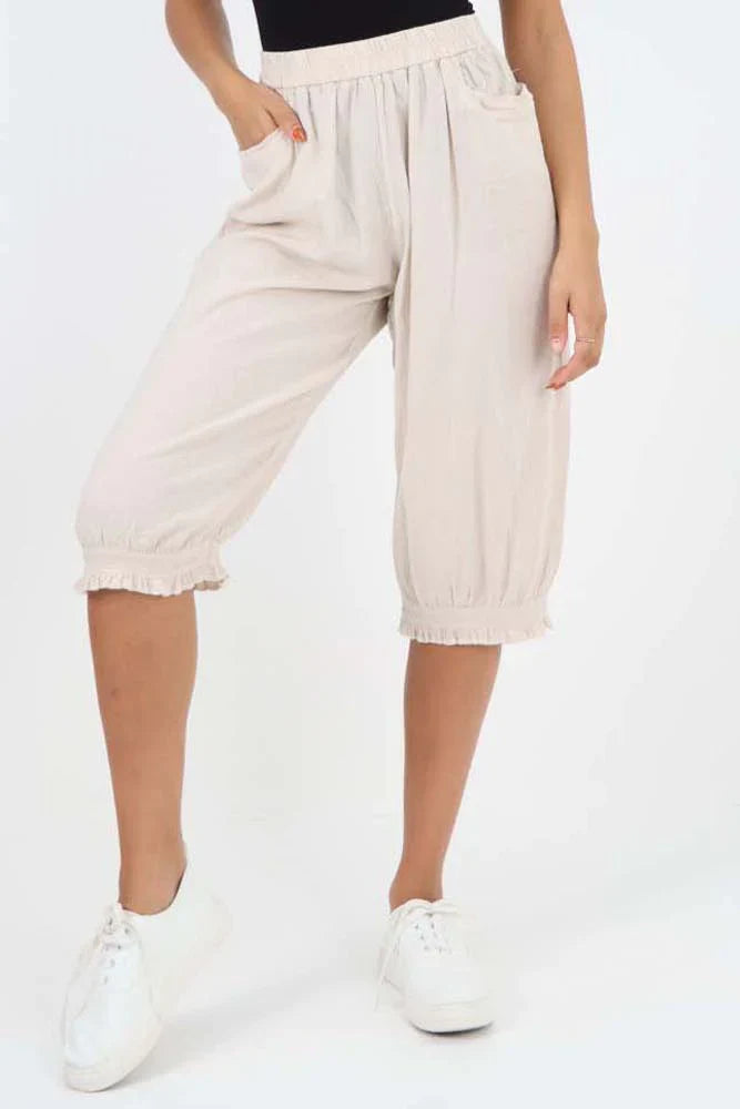 Lime Green Italian Frill Hem 3/4 Linen Jogger For Women 10 - Dropwear