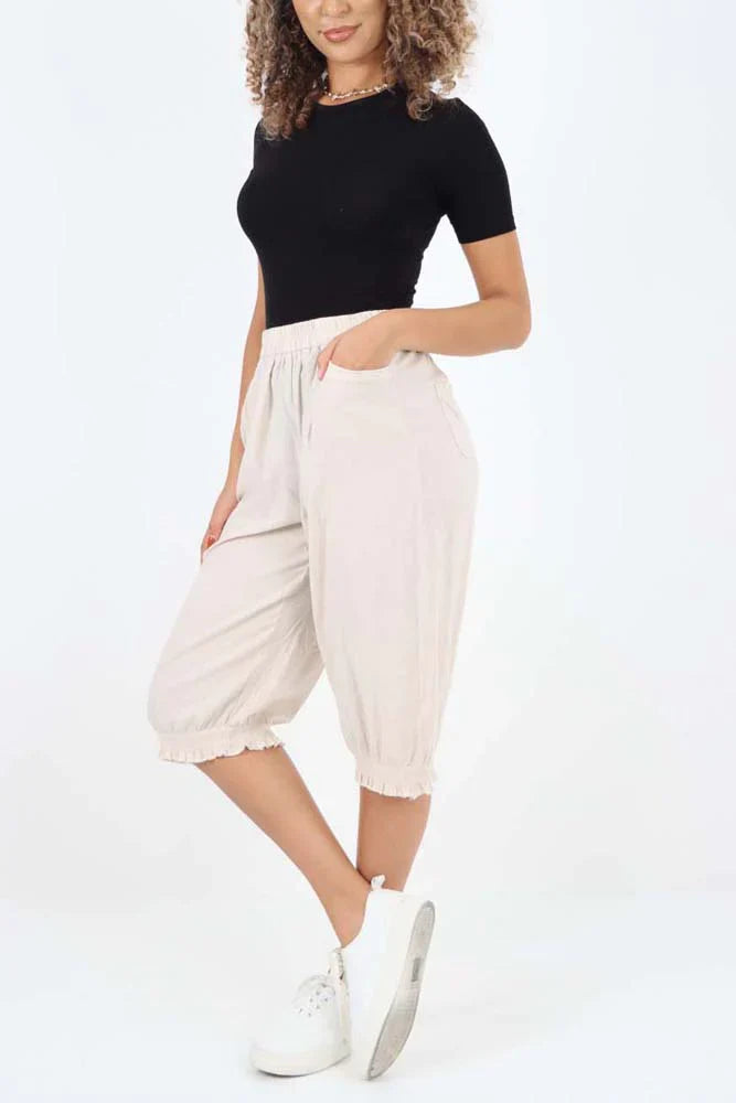 Lime Green Italian Frill Hem 3/4 Linen Jogger For Women 12 - Dropwear