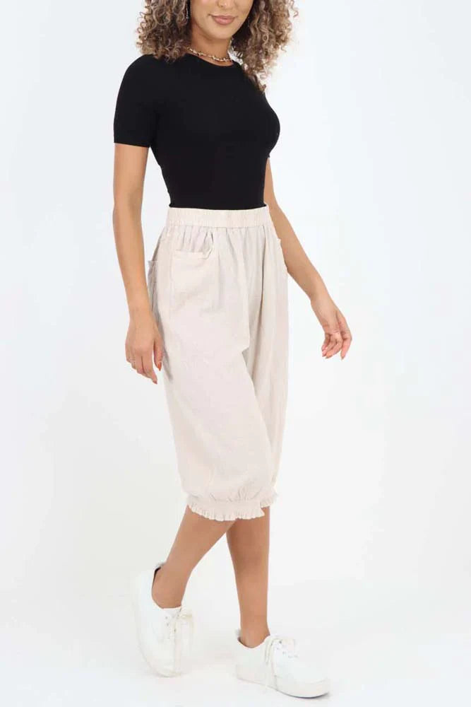 Nude Italian Frill Hem 3/4 Linen Jogger For Women 8 - Dropwear