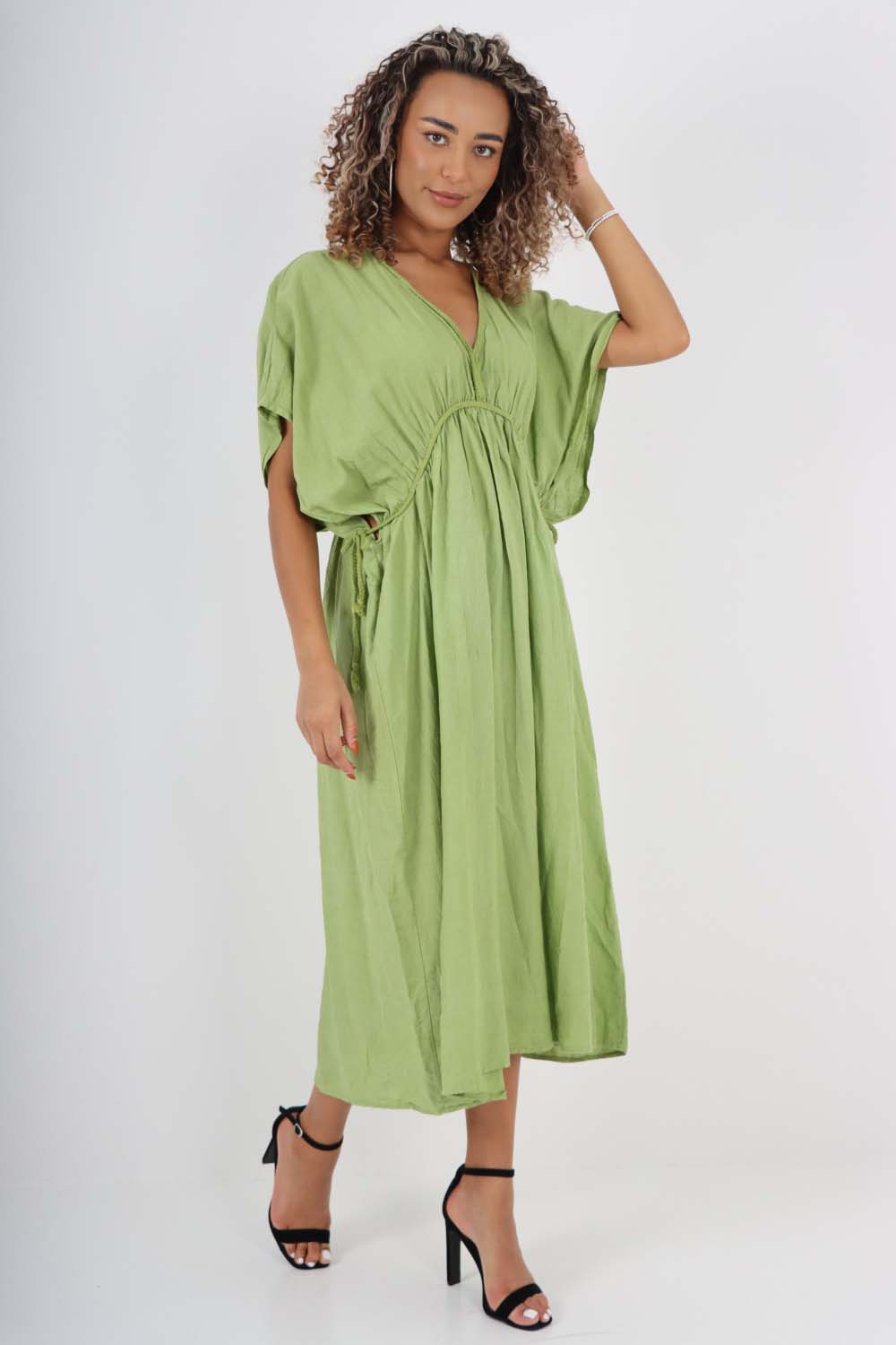 Italian Drawestring Front Flared Linen Dress For Women  - Dropwear