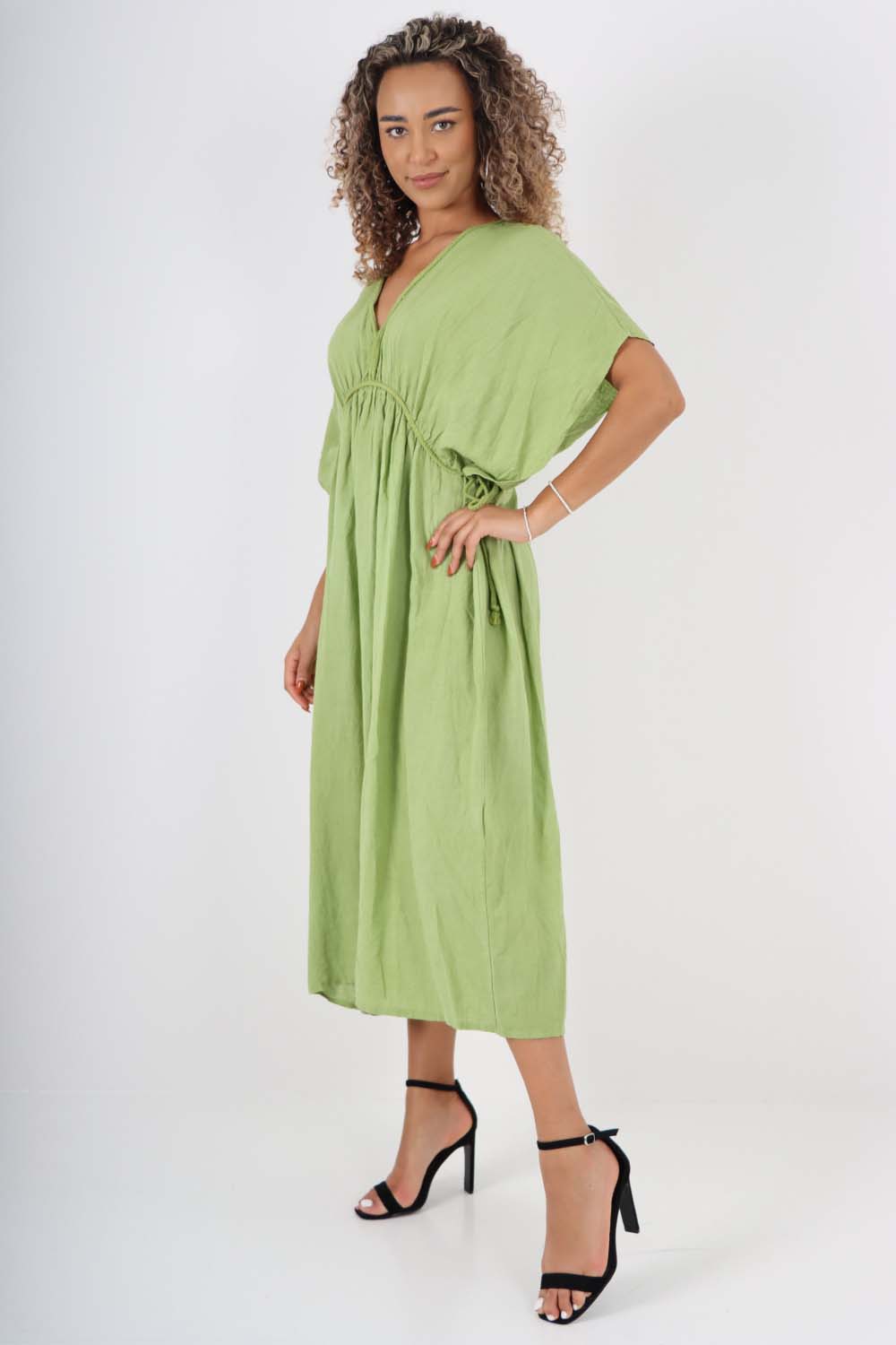 Italian Drawestring Front Flared Linen Dress For Women  - Dropwear