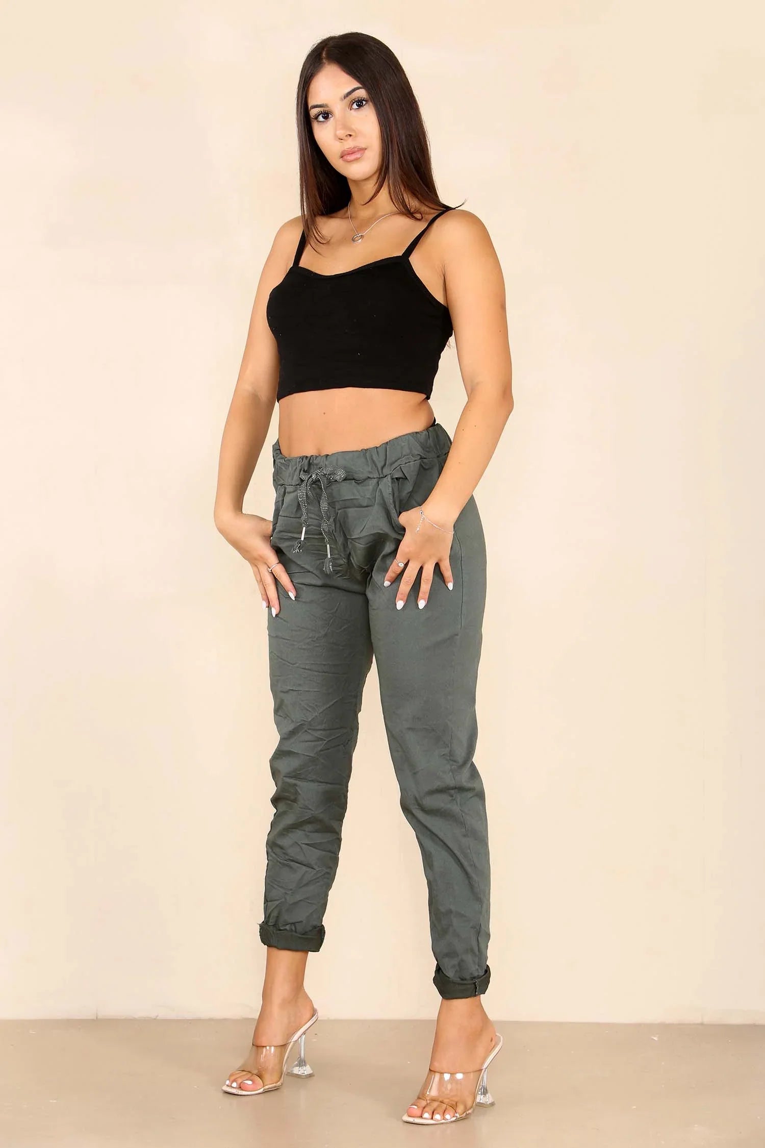 Jade Green Italian Glitter Drawstring Waistband Magic Pants For Women 8 - Dropwear