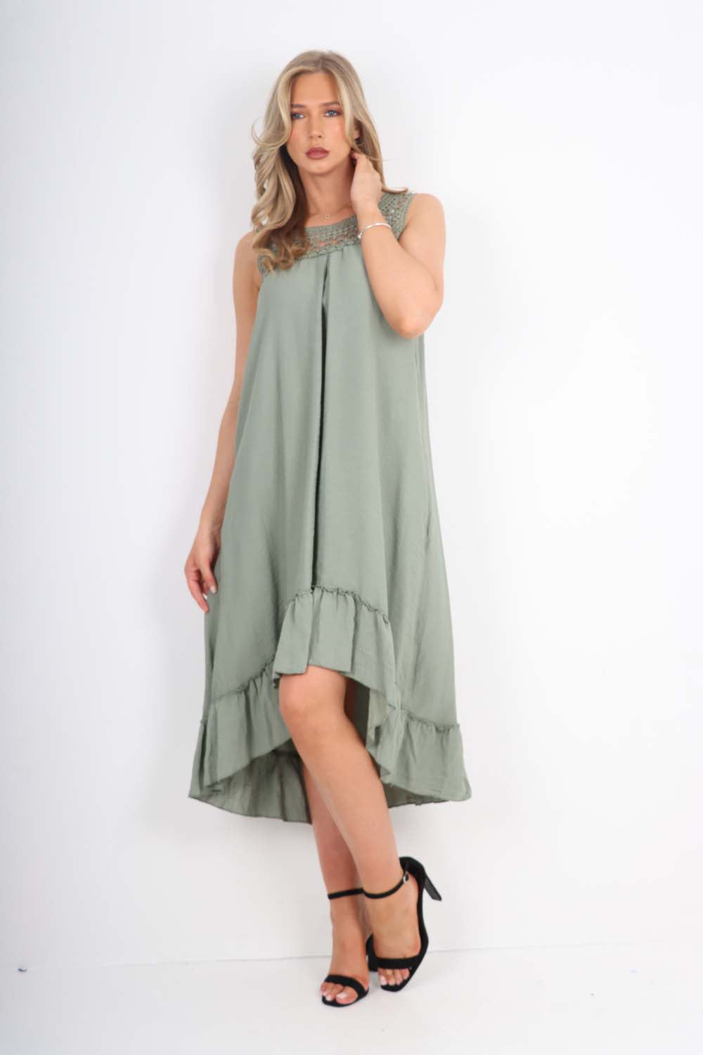 Italian Lace Neckline Dipped Hem Dress For Women  - Dropwear