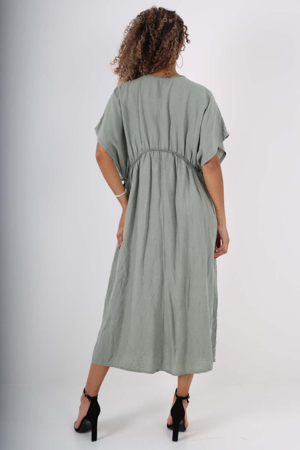 Italian Drawestring Front Flared Linen Dress For Women  - Dropwear