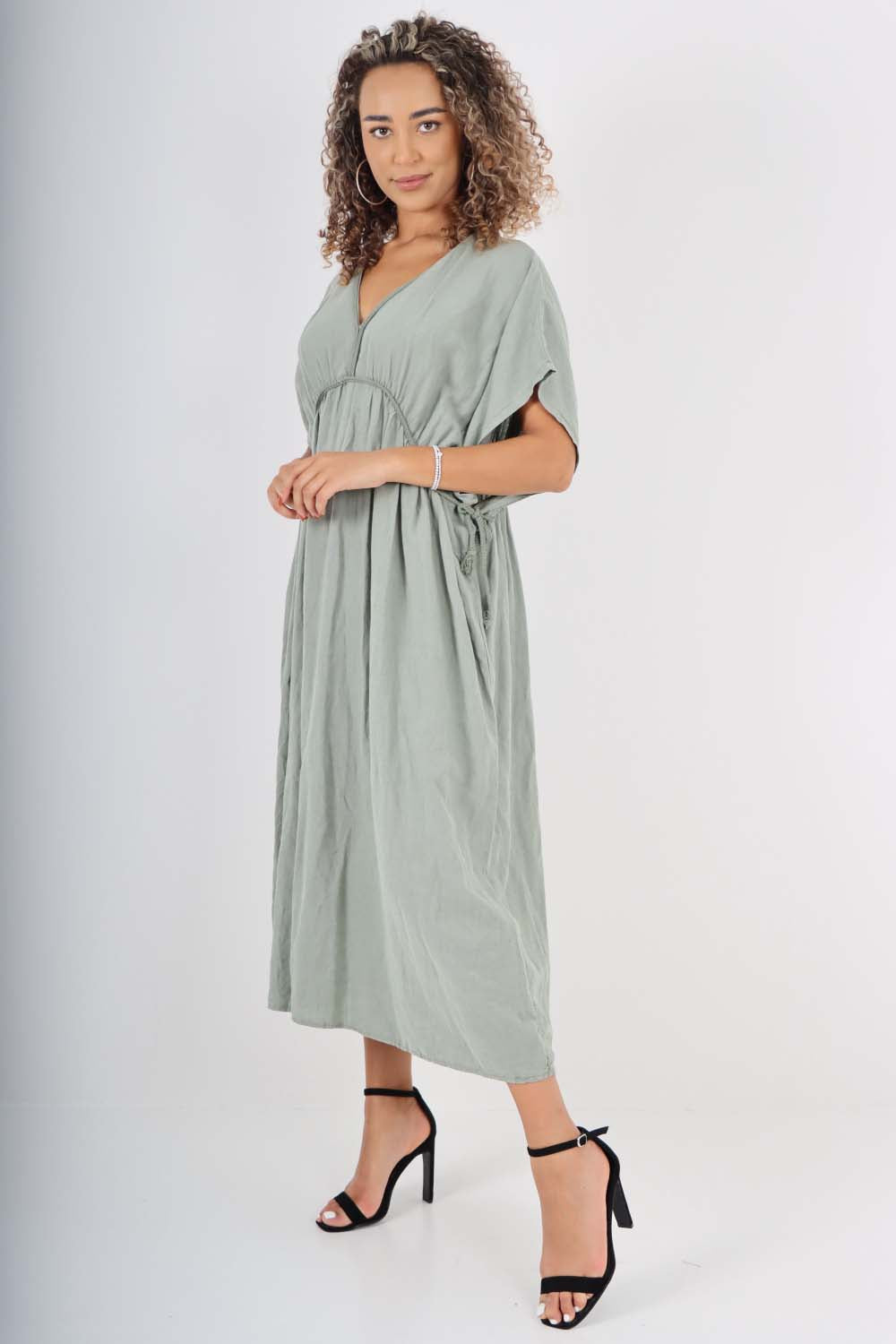 Italian Drawestring Front Flared Linen Dress For Women  - Dropwear