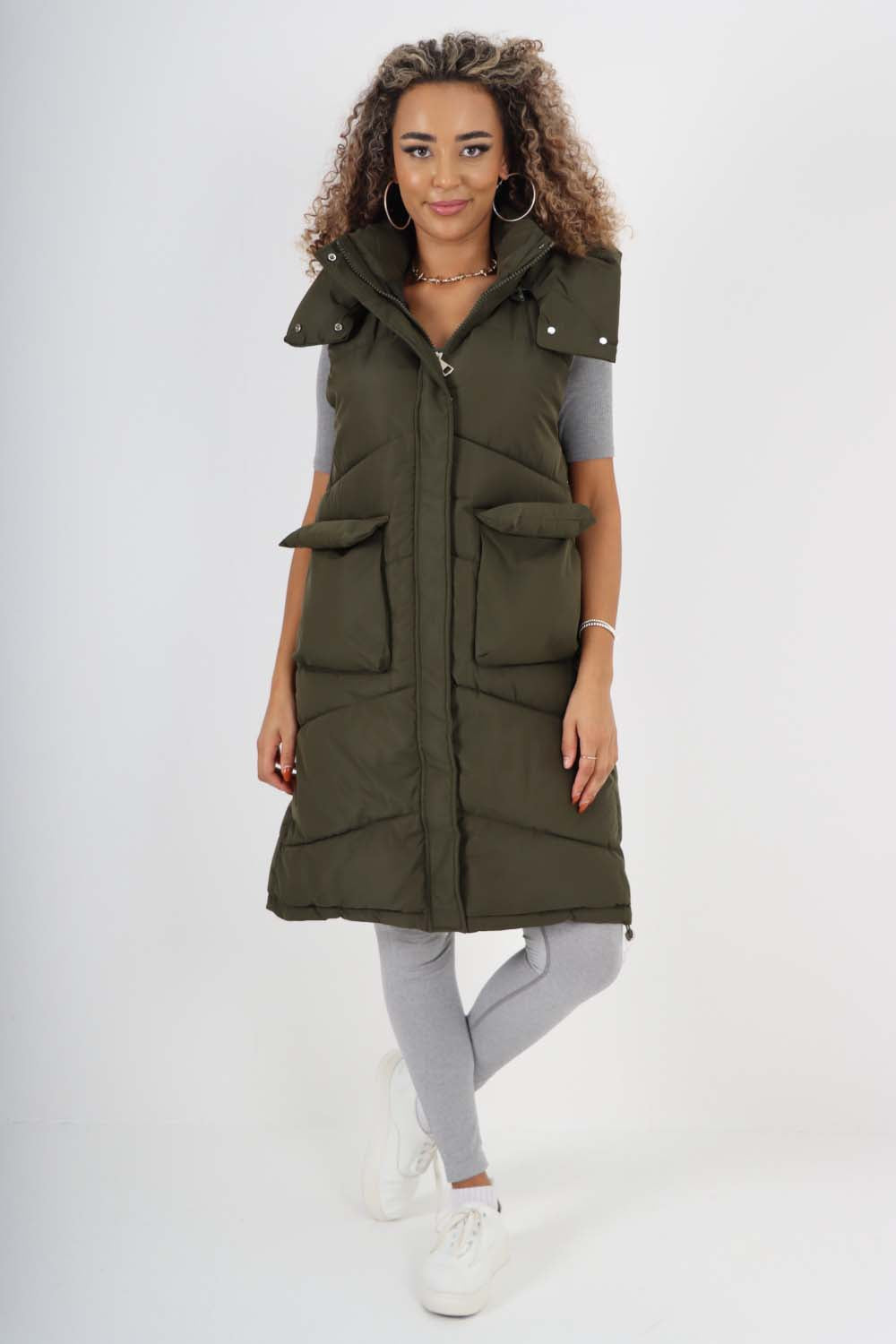 Italian Padded Pockets Hooded Long Gilet For Women  - Dropwear