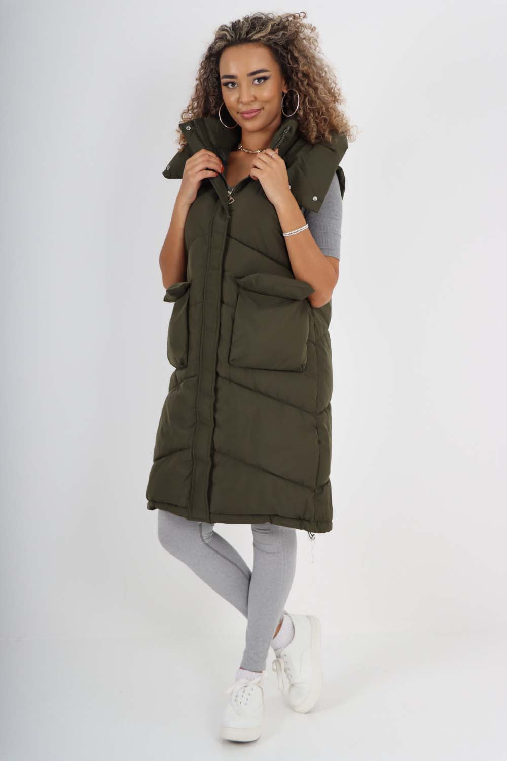Italian Padded Pockets Hooded Long Gilet For Women  - Dropwear