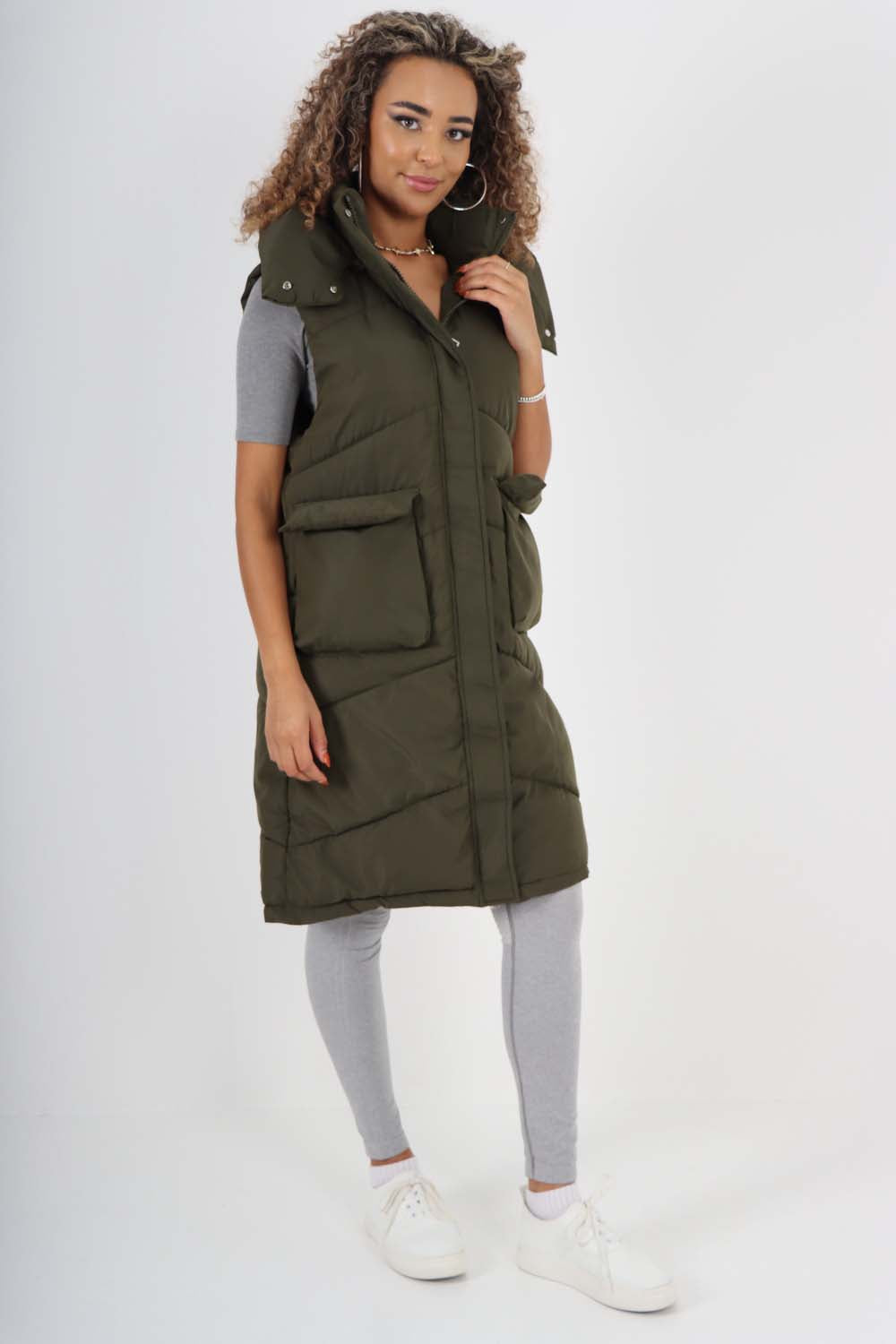 Italian Padded Pockets Hooded Long Gilet For Women  - Dropwear