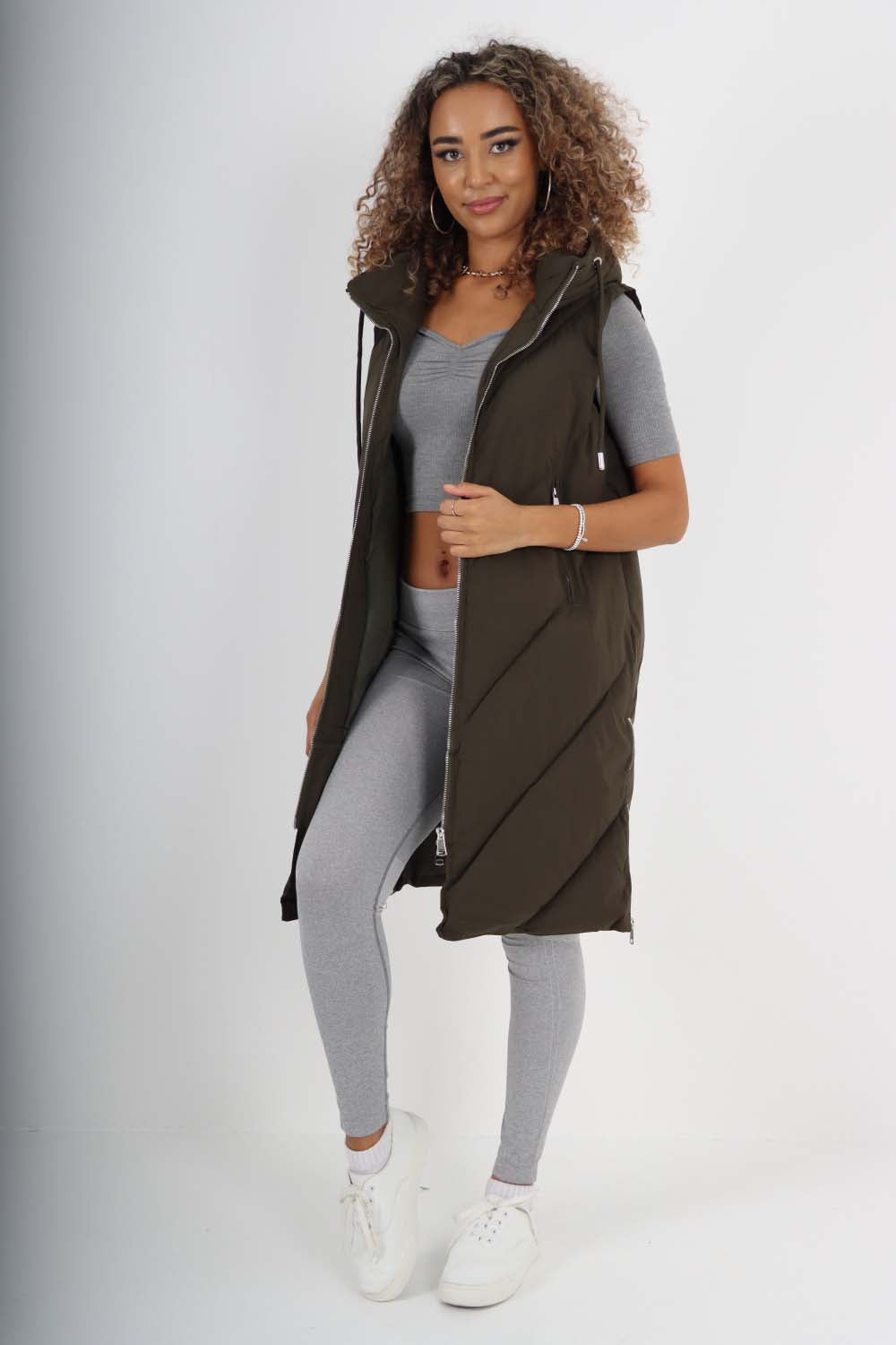 Italian Padded Pockets Hooded Zip up Long Gilet For Women  - Dropwear