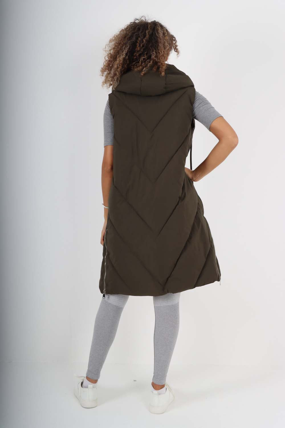 Italian Padded Pockets Hooded Zip up Long Gilet For Women  - Dropwear