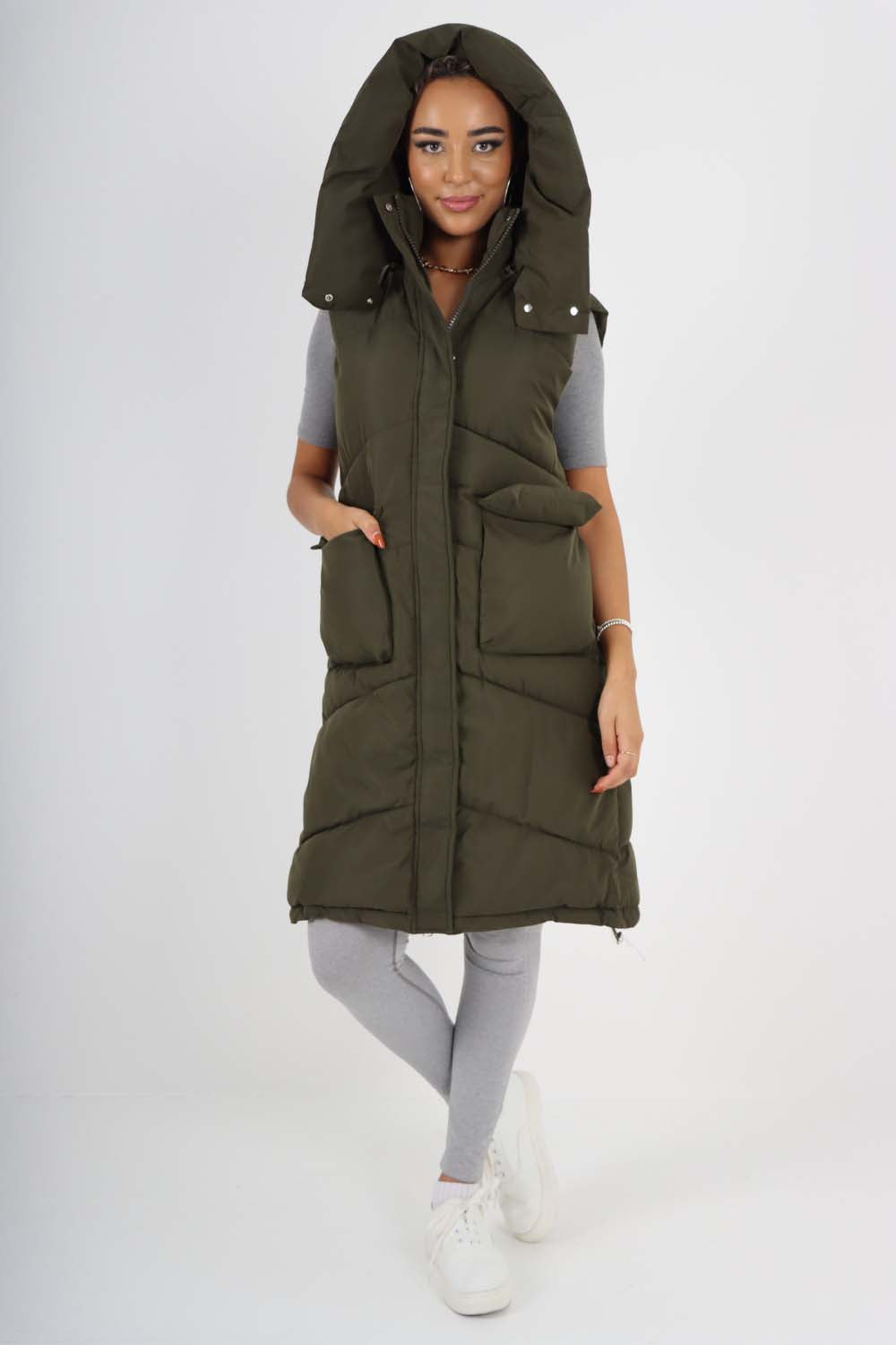 Italian Padded Pockets Hooded Long Gilet For Women  - Dropwear