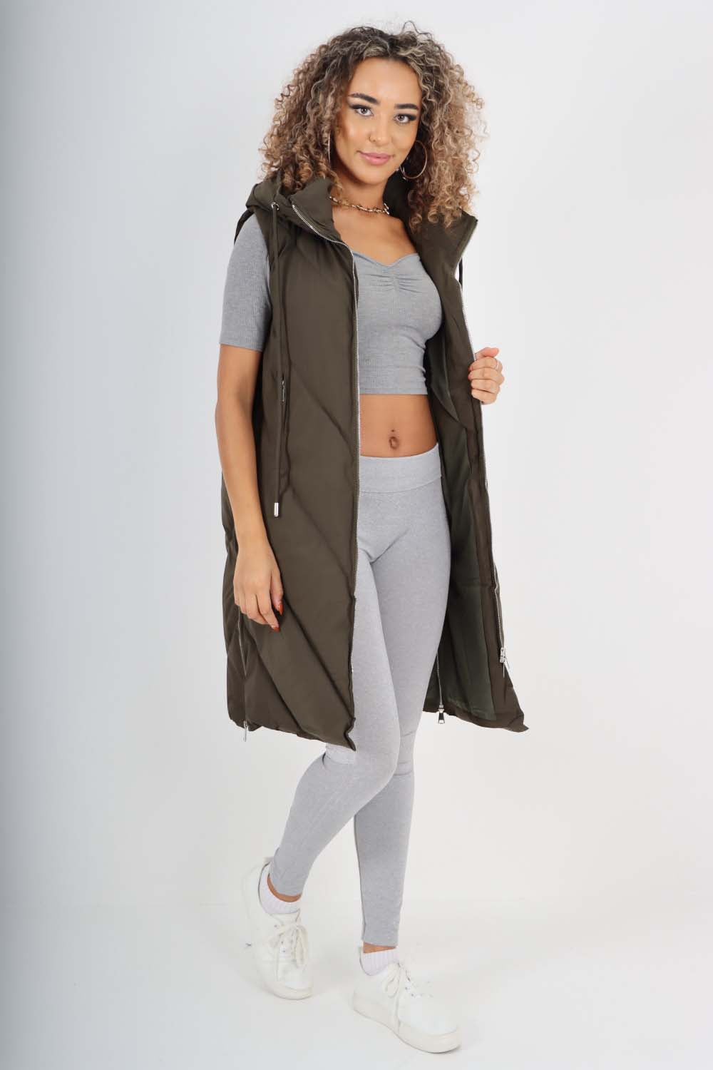 Italian Padded Pockets Hooded Zip up Long Gilet For Women  - Dropwear