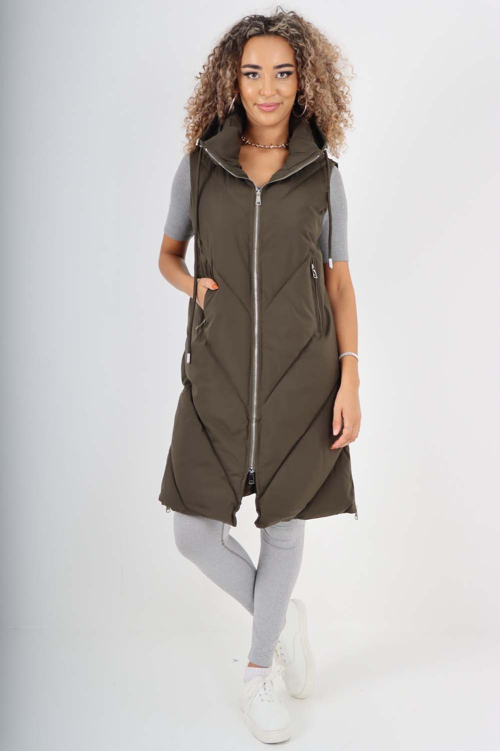 Italian Padded Pockets Hooded Zip up Long Gilet For Women  - Dropwear